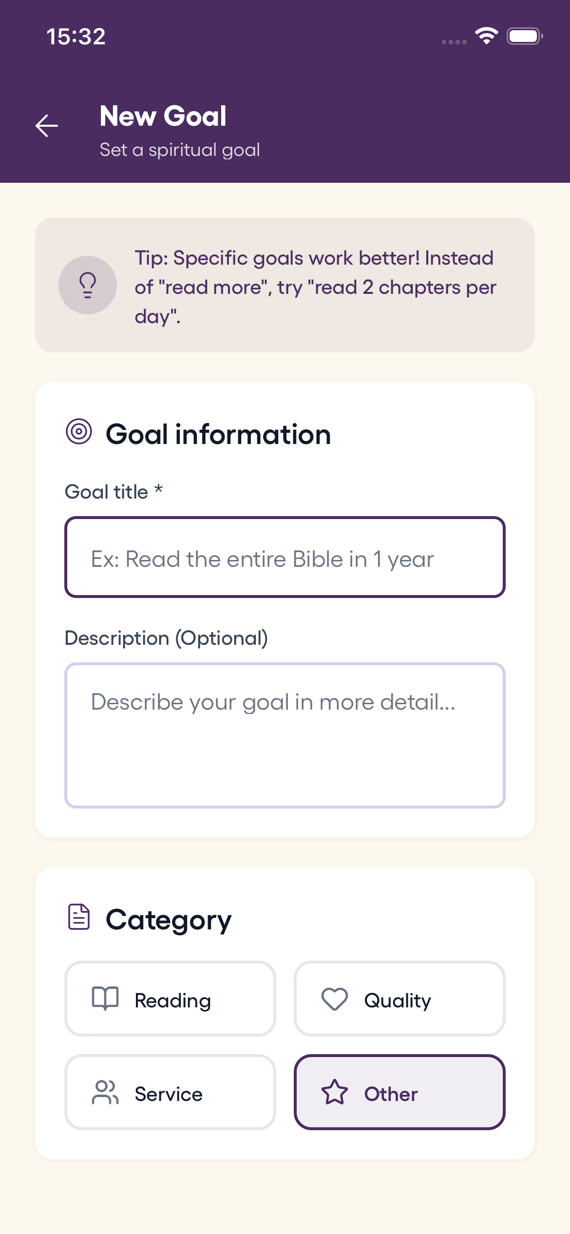 Spiritual goals screen