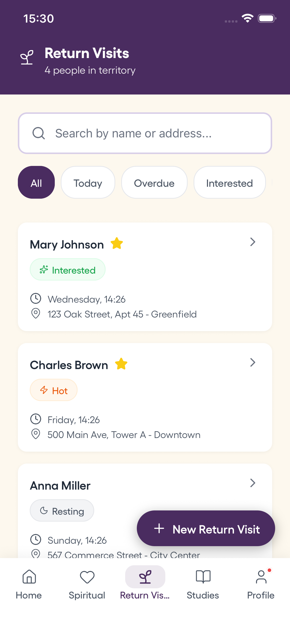 Return visits screen